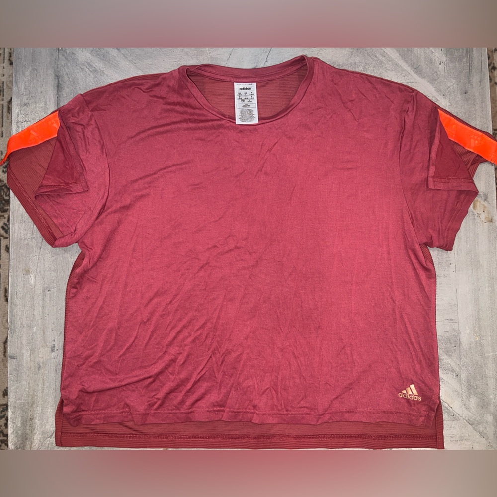 Adidas Cropped, Oversized Workout Top. Red with orange detailing. Open sleeve.